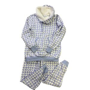 Pajamagam Womens‎ Size M Blue White Floral Sherpa Lined Hoodie Loungewear Set